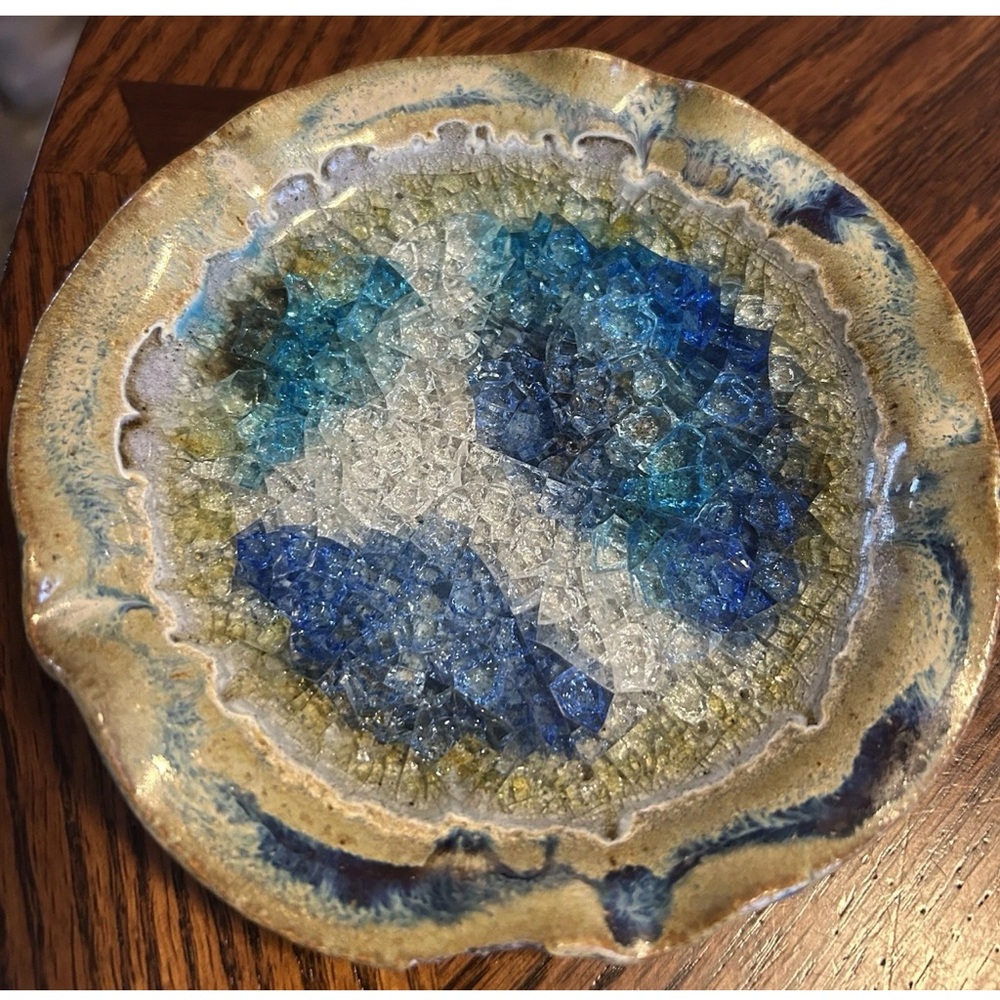 Art potter trinket dish with crackled glass made in USA